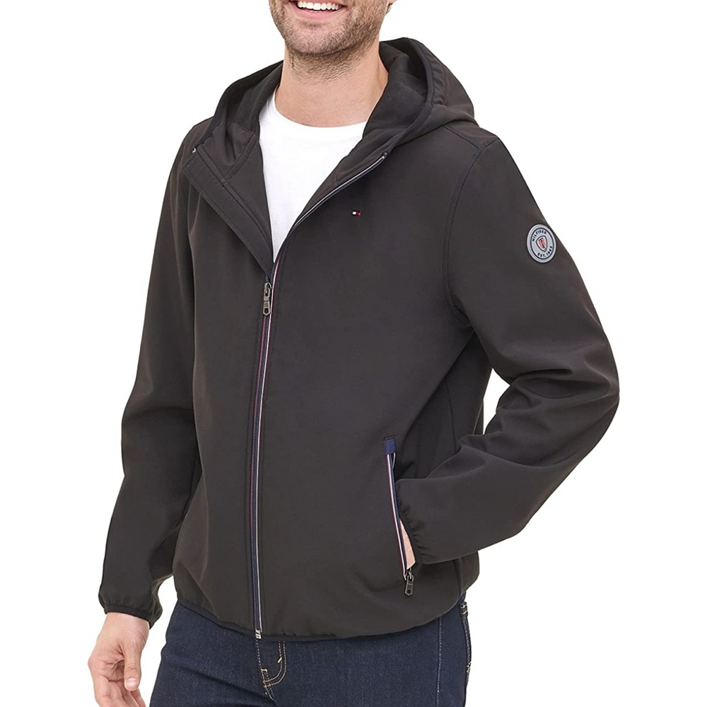Tommy Hilfiger Water Resistant Lightweight Hooded Soft Shell Jacket Black L NWT